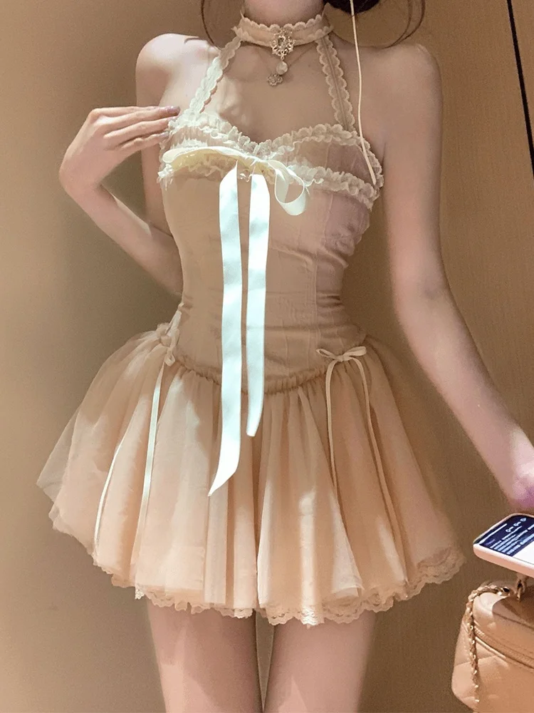 

SYJ Shuyijia Lace Halter Neck Dress Women's Pure Desire Knot Waist Princess Dress plus Size Casual High Waist Short...