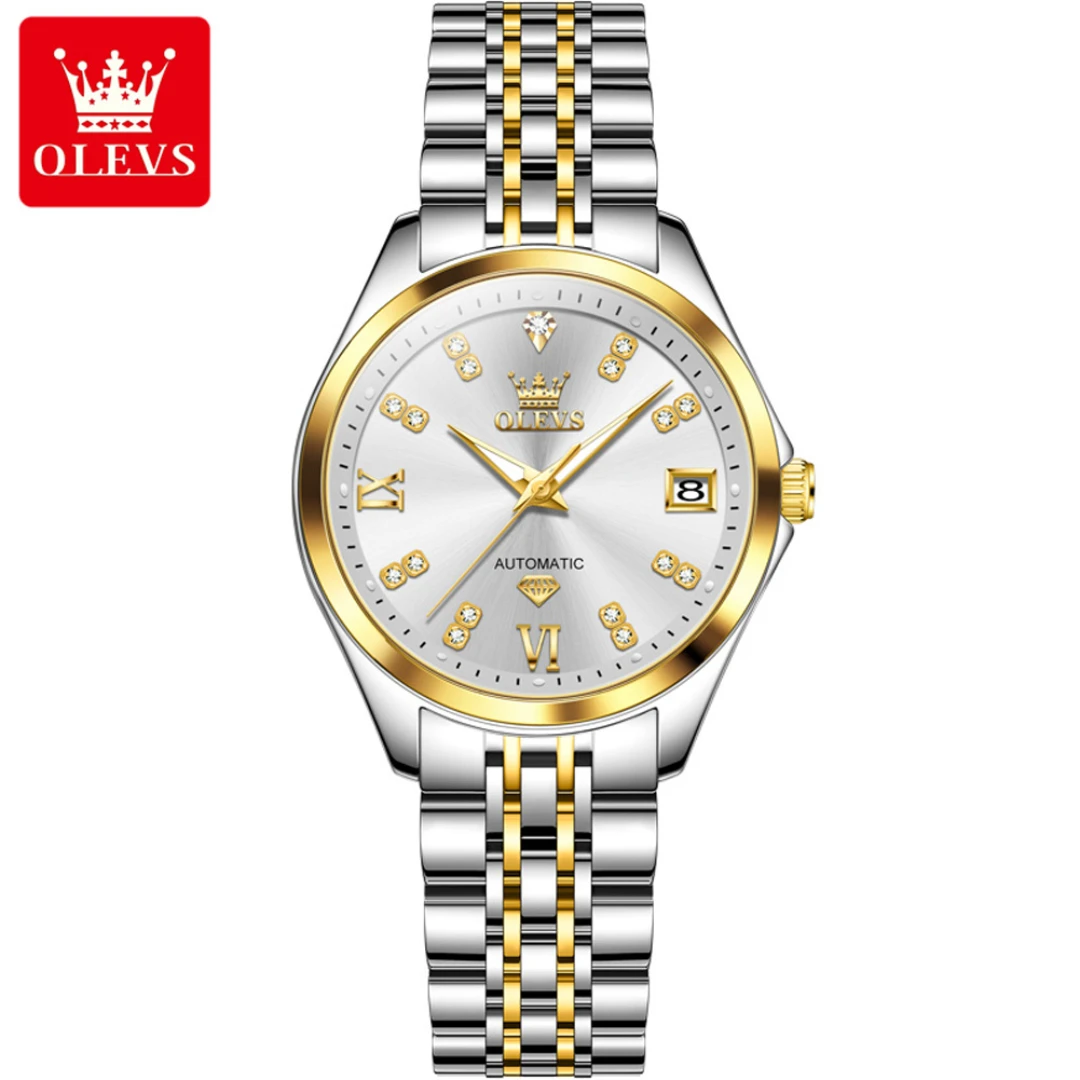 OLEVS 9801 Reloj mecánico de moda regalo correa de reloj de acero inoxidable reloj de pulsera de esfera redonda calendario luminoso