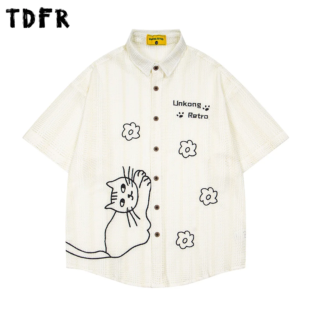 

Cat Embroidery Short Sleeve Shirts Mens Hollow Out Vertical Stripes Summer Retro Casual Loose Lapel Single Breasted Shirts Man