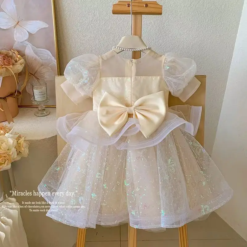 

Summer Girl Dress Tulip Cartoon Rabbit Print Small Flying Sleeves Flower Neck Bow Ribbon Tulip Flower Pattern 100-140CM