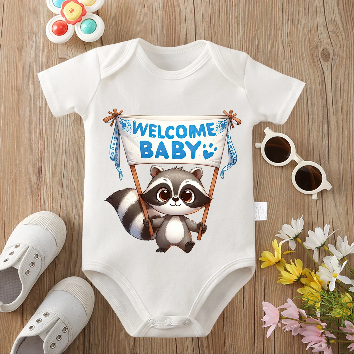 

Добро пожаловать, детский енот, изысканный принт, ткань из чистого хлопка, удобный комбинезон-боди для ребенка, комбинезон для новорожденных от 0 до 12 месяцев