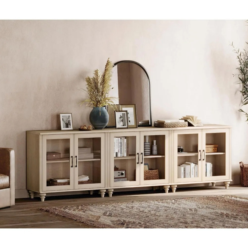 100 Inch Light Oak Wood TV Stand, Glass Door Entertainment Center Buffet Cabinet with 6 Storage Spaces for Dining