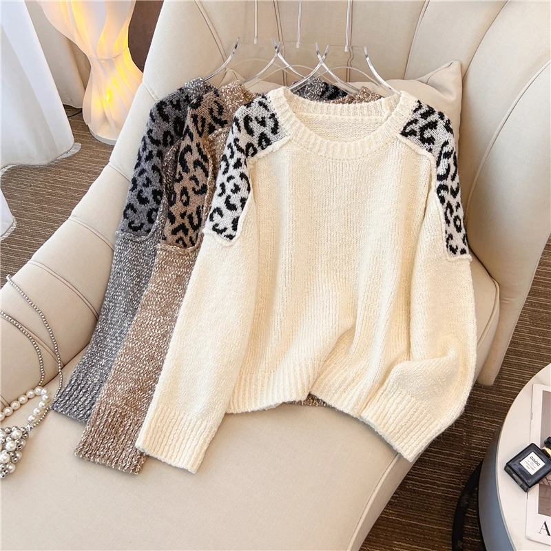 

Retro leopard print sweater women in autumn and winter loose design thickened temperament knitted sweater pullover top