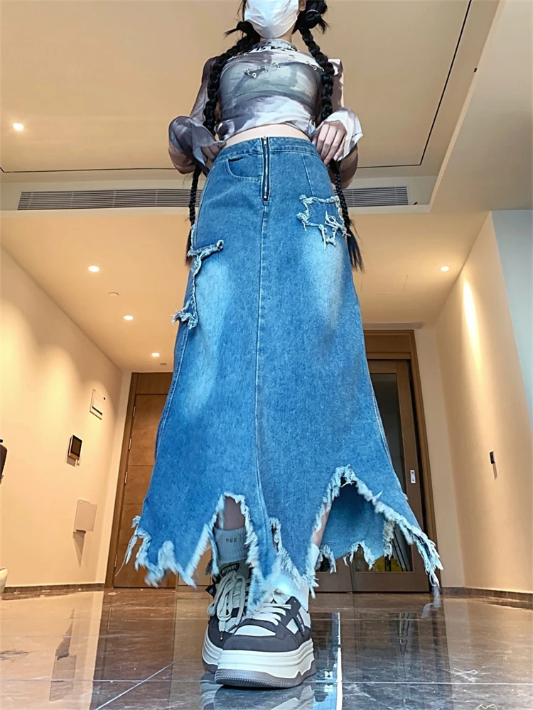 Women's Five Pointed Star Sticker Blue Denim Skirt Cool Girl Vintage Fashion Clothes Summer Female A-line Mid-calf Shorts Skirts