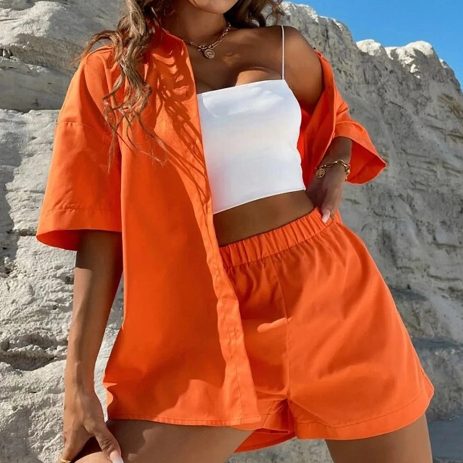 Two Piece Sets Women Outfit Classic Solid Lapel Neck Front Pocket Short Sleeve Shirts Wide Leg Shorts Matching Set Ropa Mujer