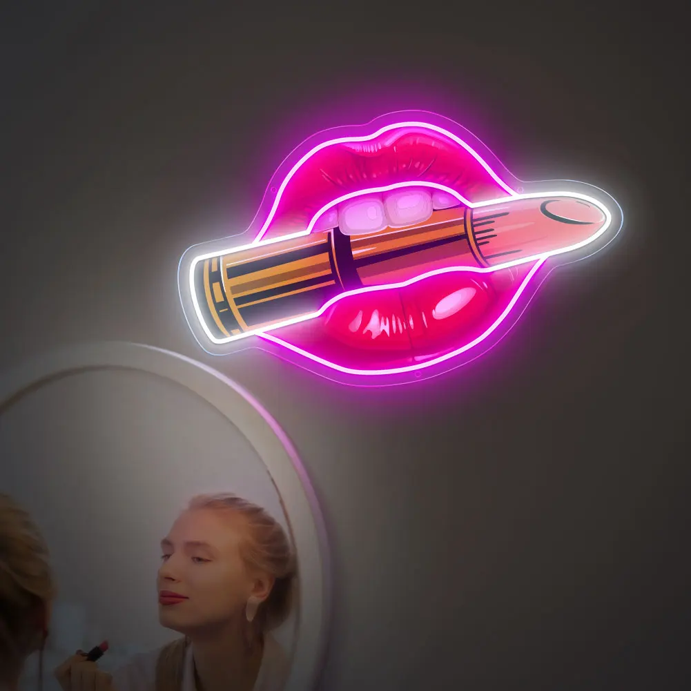 QiQiatu UV Printed Lipstick Kiss Neon Sign, Biting Lips LED Light, Make-Up Wall Art Decor, Handmade Acrylic Beauty Neon Sign