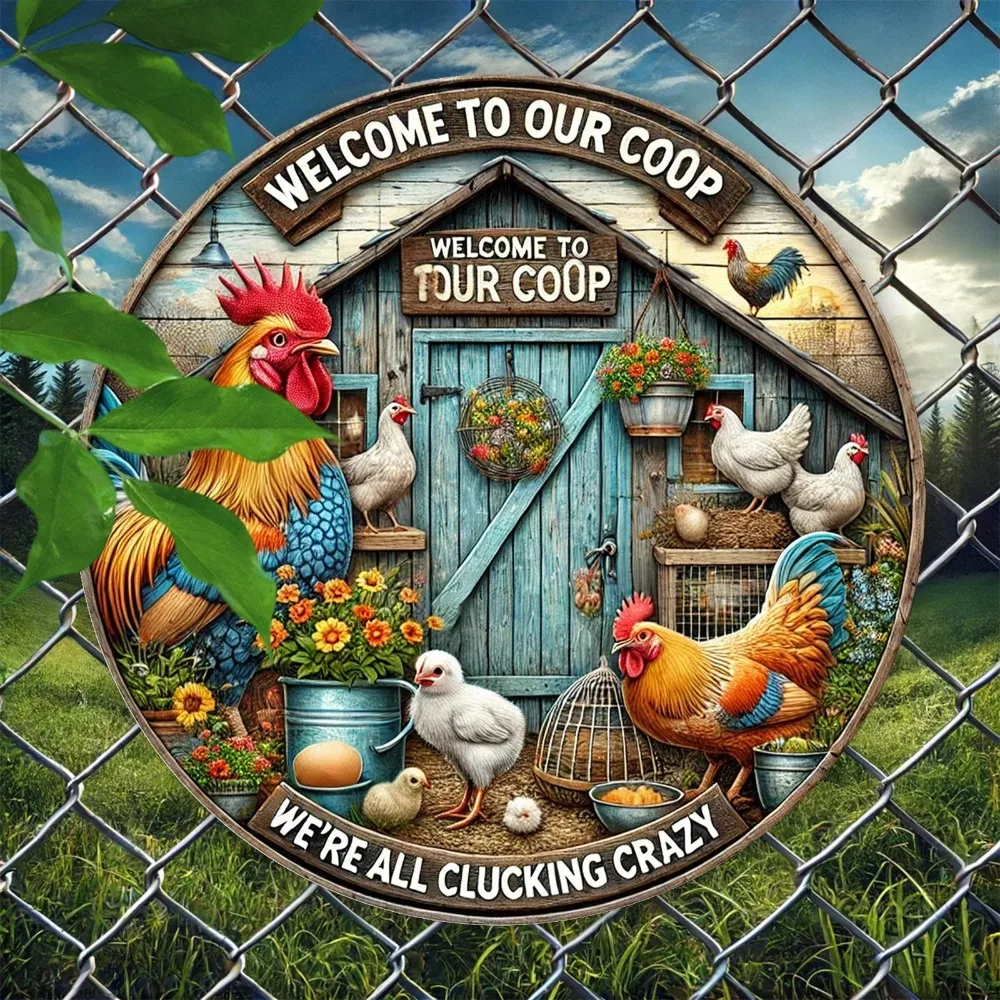 

Pecking Order Welcome Heritage" Metal Wall Art – 2D Flat Sign with Vintage Rooster Print Distressing & Nest Box Silhouette