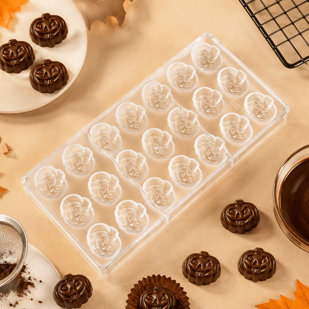Halloween Pumpkin Chocolate Mold, Polycarbonate Candy Mould, 21-Cavity DIY Baking Tool for Homemade Chocolate Praline