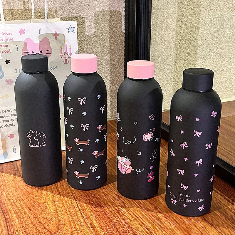 Taza aislada de acero inoxidable para cachorros, color negro y rosa, 500ml, bonito estilo Dachshund para niñas