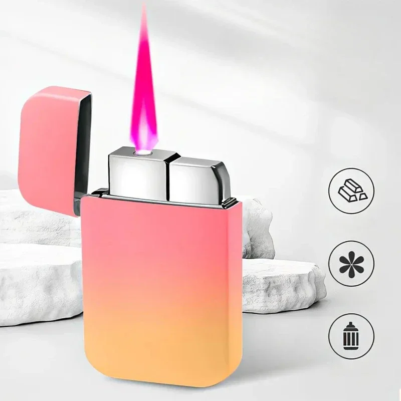 Cute Pink Flame Inflatable Lighter for Girls Windproof Metal Gradient Gas Lighter Cigarette Cigar Lighter Gadget for Man