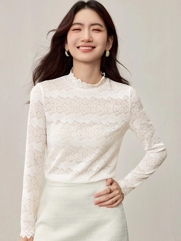 

SENTUBILA Long Sleeve Tees Semi-Turtleneck Fitted Stretch Lace Shirt Autumn Elegant Commuting Hollow Long-Sleeved Top 153SA2770