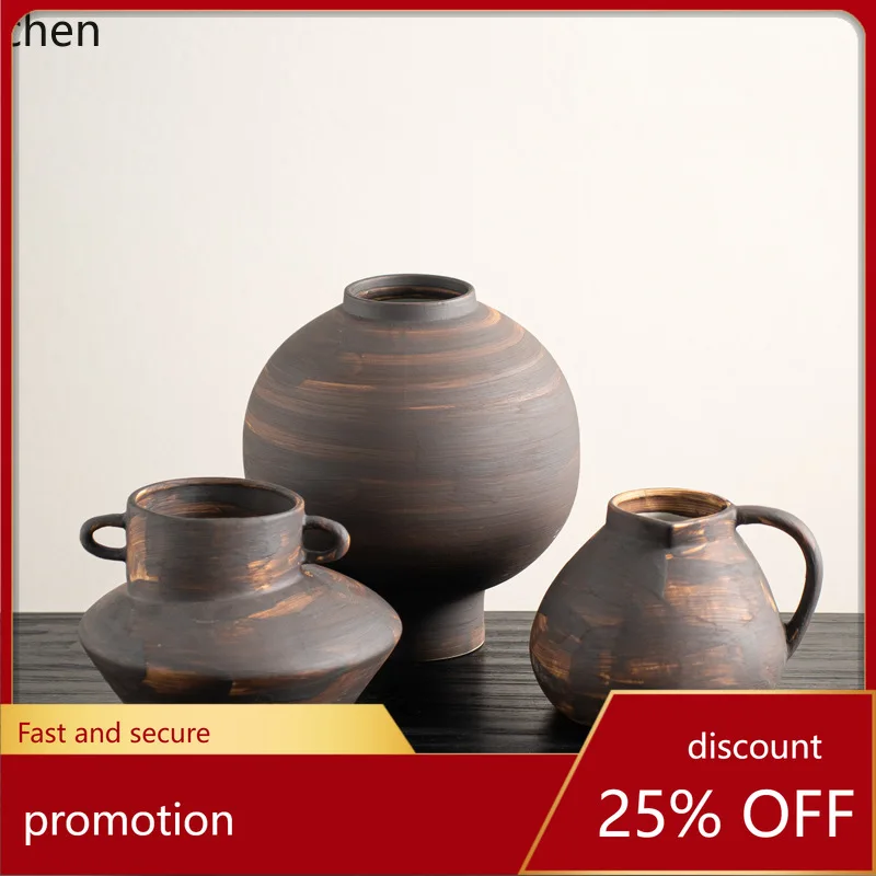 

CZ Vintage Style Coarse Ceramic Jar Vase Tea Room Ornament Living Room Home Decor Antique Decoration