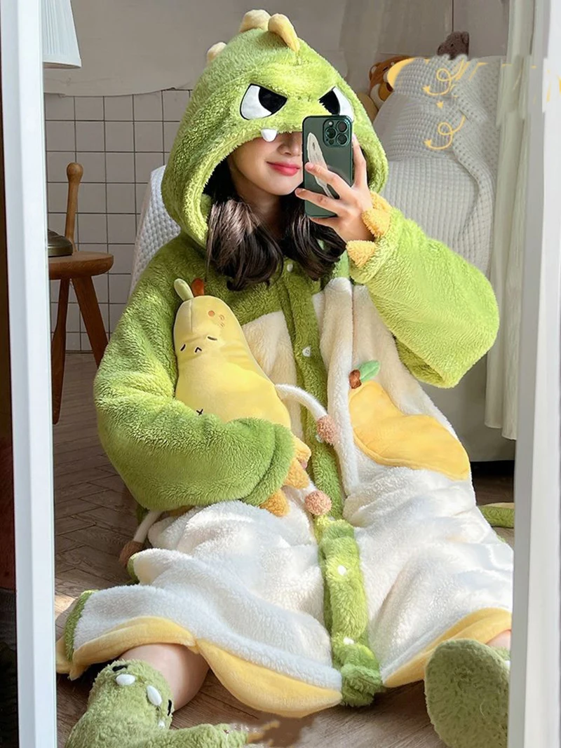 Women\'s Hooded Nightdress Autumn and Winter Warm Thicken Pajamas Sweet Dinosaur Cosplay Flannel Nightgowns Cute Funny Bath Robes