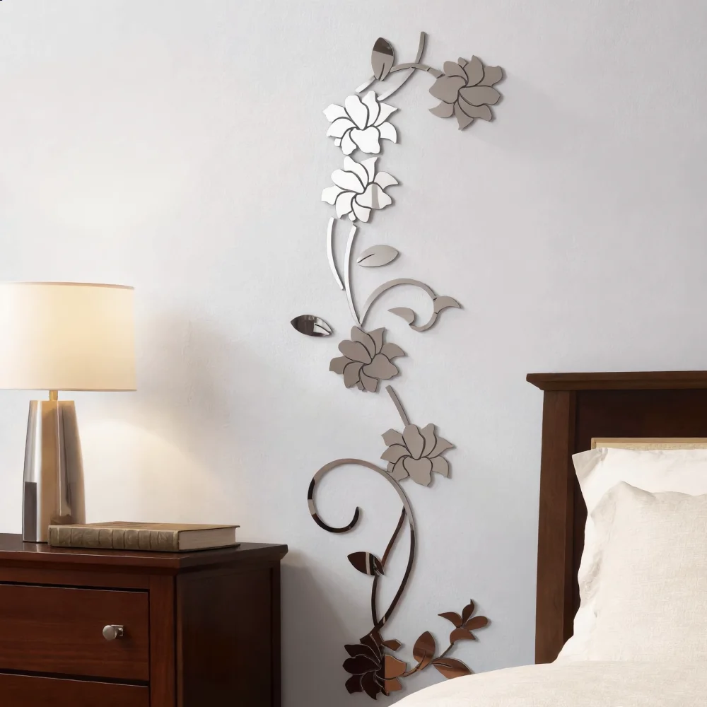 Silver 3D Mirror Acrylic Flower Vine Wall Sticker, DIY Mirror Rose Vine Wall Decal, Modern Stereoscopic Floral Wall Art for Living Room Entryway Home Decor, Size 30cm*100cm
