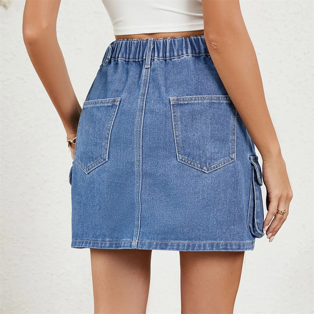 Benuynffy Adjustable Waist Washed Cargo Denim Skirt Women's Summer Multi-pocket Casual Streetwear Mini A-line Jean Skirts 2024