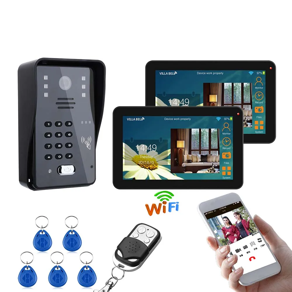 9 inch 2 Monitors Wired / Wireless Wifi RFID Password Video Door Phone Doorbell Intercom System with IR-CUT 1000TVL Camera