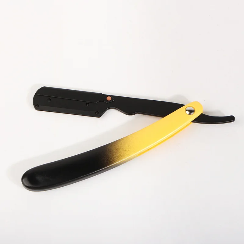 Maquinilla de afeitar de borde recto de acero inoxidable, mango de ABS amarillo, recortadora de barba y pelo, soporte de afeitado plegable Manual portátil para barbería