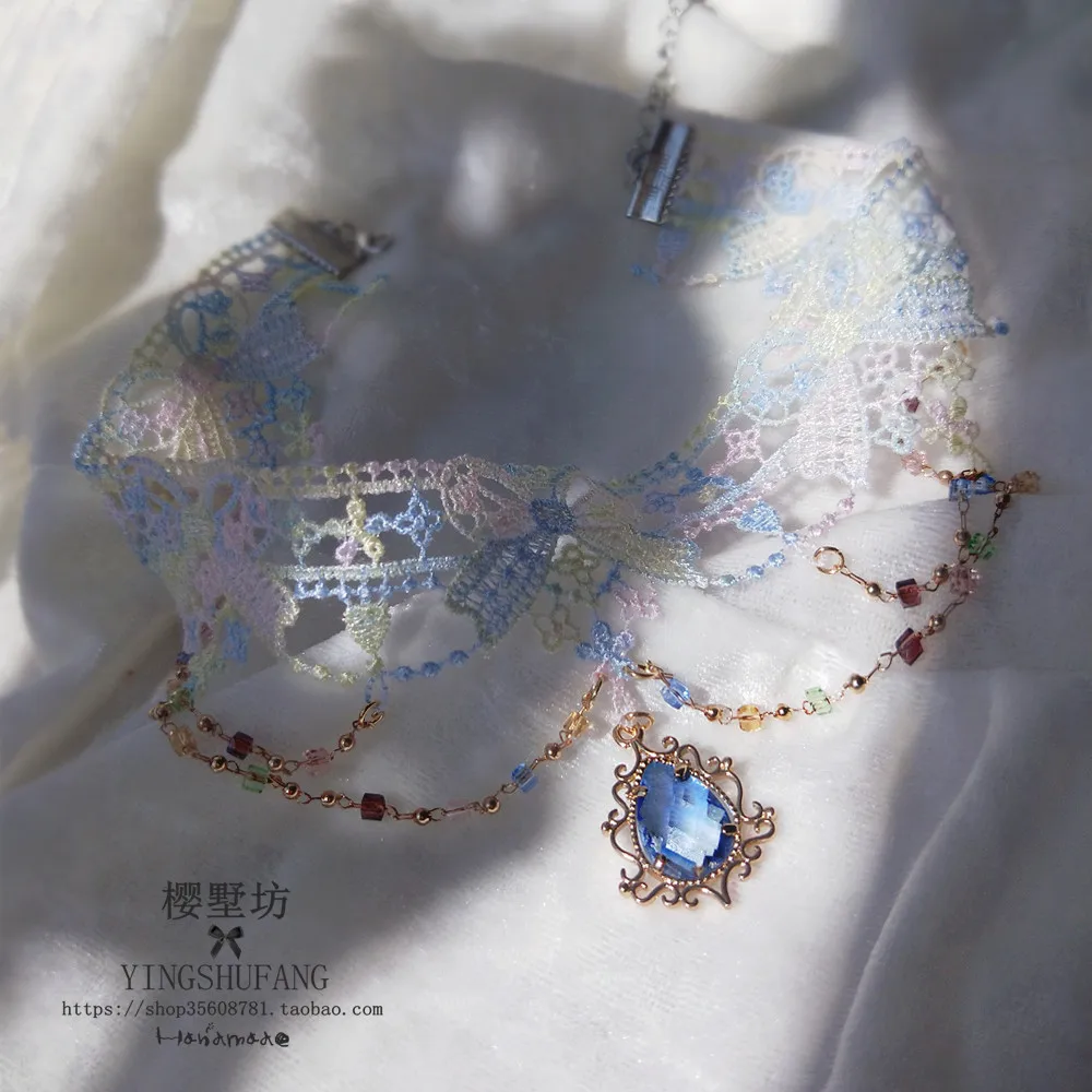 Gradient Color Fantasy Lace Choker Necklace Hand Made Lolita Double Layer Crystal Chain Lightweight Luxury Jewelry Necklace