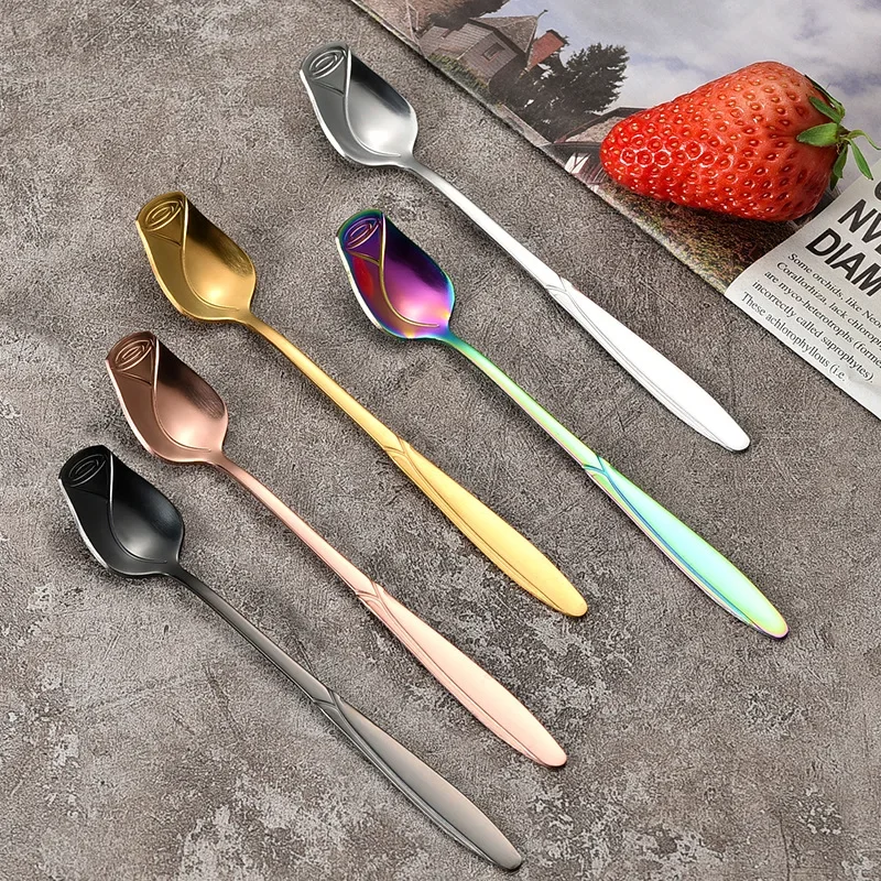 Wholesale 5pcs Pretty Long Handle Stainless Steel Flower Spoons Small Rose Stirring Teaspoons for Dessert Coffee Cake Nice Gift