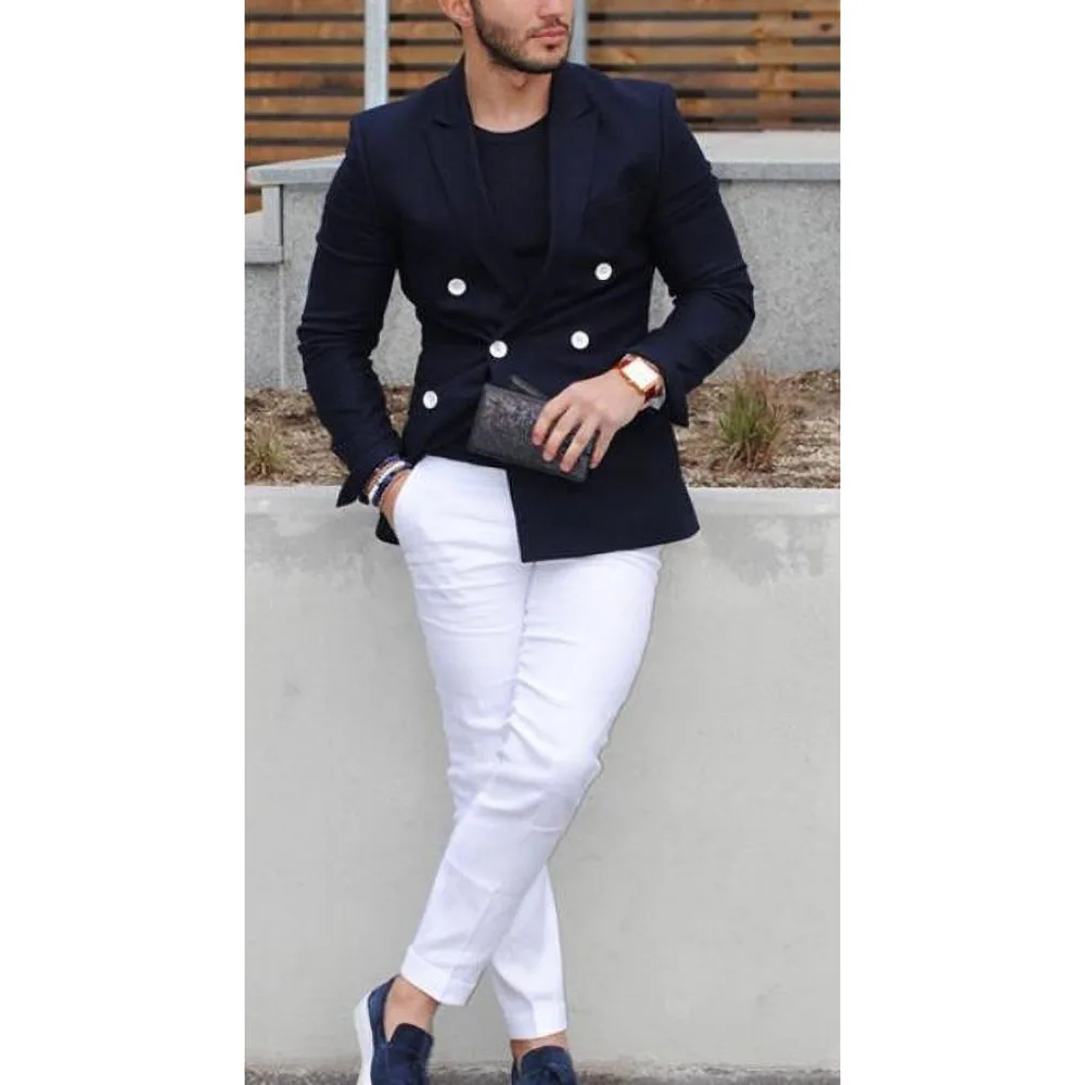 Navy Blue Double Breasted Men Suit Casual Blazer costume homme Tuxedo Custom Jacket Style men Suit 2pcs(jacket+white pants)