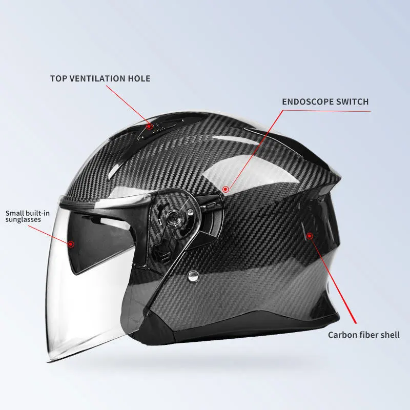 Capacete aberto de fibra de carbono em promoção, com viseira dupla de liberação rápida, cor personalizada, para todas as estações.