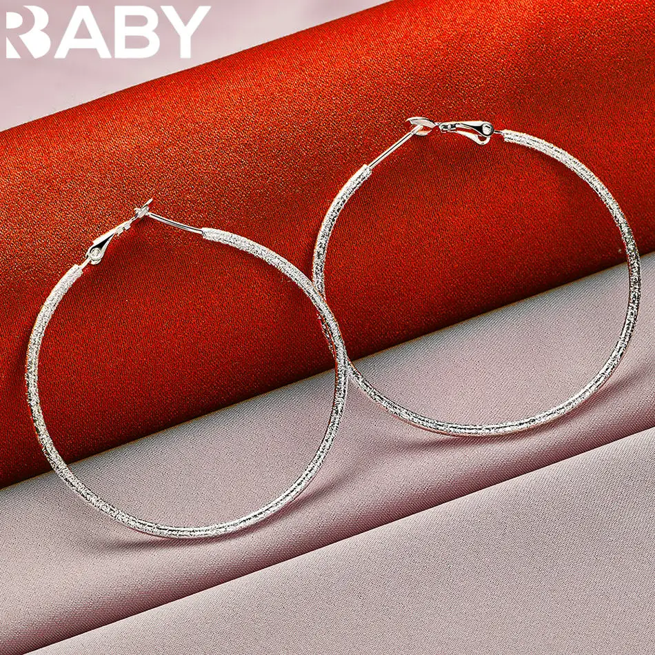

URBABY 925 Sterling Silver 50mm Frosted Circle Hoop Earrings For Women Fashion Charm Jewelry Engagement Wedding Accessories