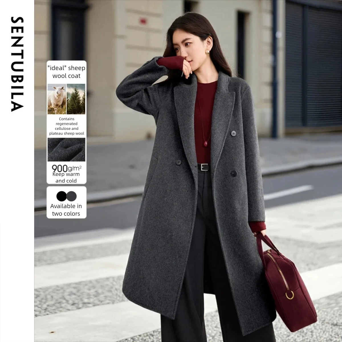 

SENTUBILA Women's Temperament Commuter Double-Faced Wool Coat Winter 2025 Double-Breasted Mid-Length Loose Fit Coat W54OA8783
