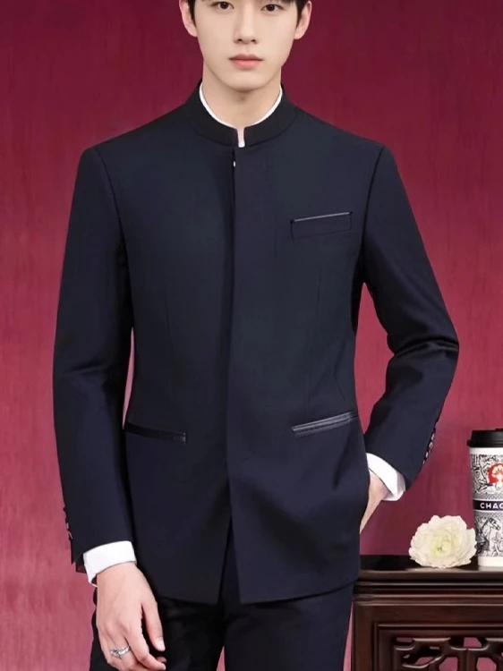 

New Chinese Sle Slim Fit Wedding Suit Set for Men Casual Stand Collar Zhongan Coat Wedding Ceremony Spring Season