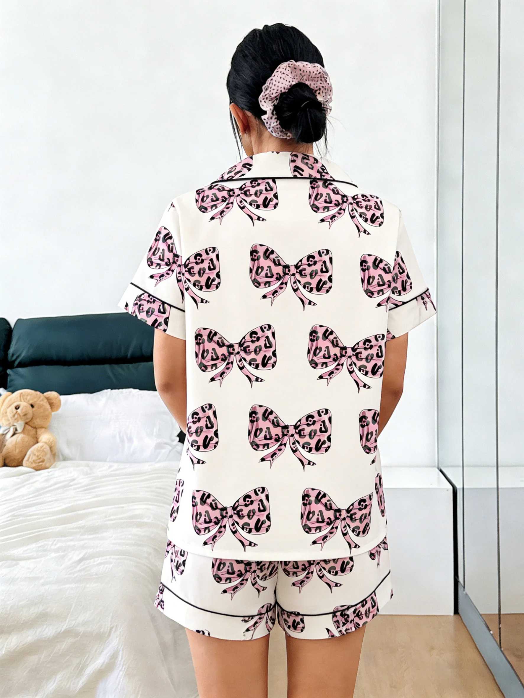 Women Pajamas Cardigan Lapel Short Sleeve Shorts 2 Piece Set Spring Summer Pink Leopard Bow Print Homewear Loungewear