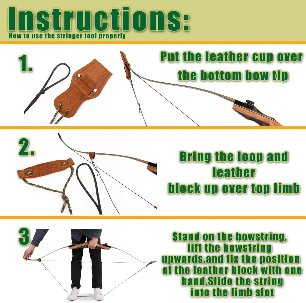 Herramienta de Tiro con Arco recurvo para arco recurvo y accesorios de arco largo (cuerda de nailon y cuero)