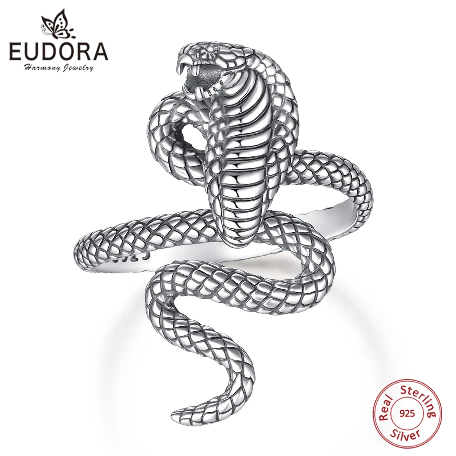 

Eudora 925 Sterling Silver Snake Adjustable Ring for Men Women Retro Cobra Texture Ring Personalized Amulet Jewelry Fine Gift