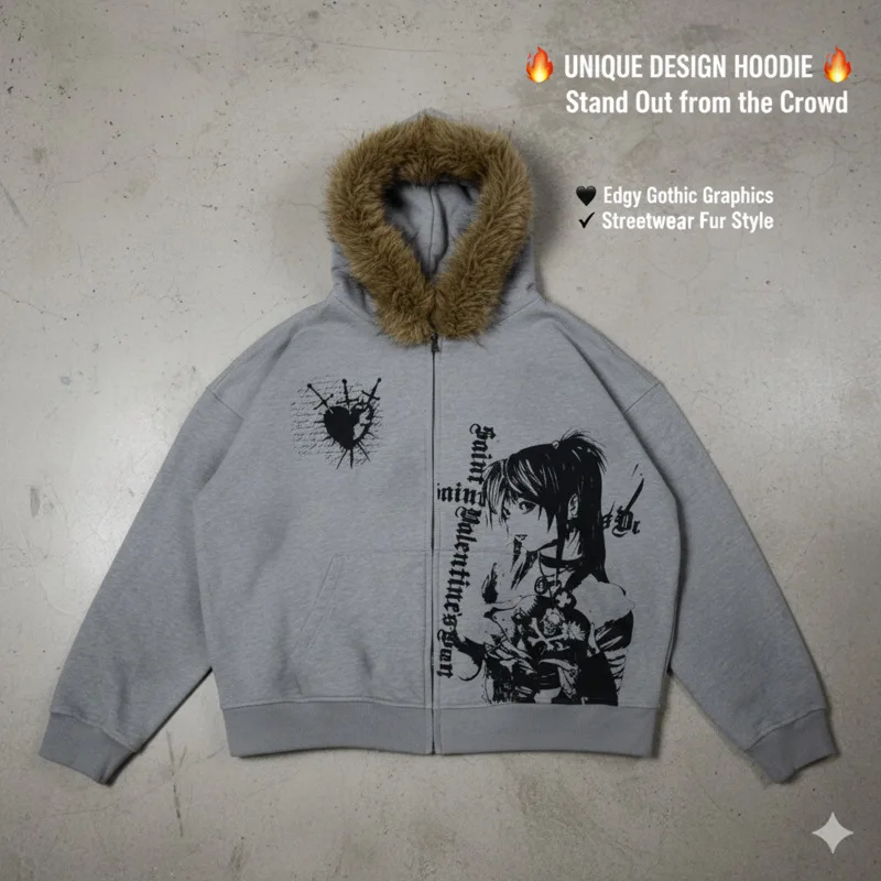 Punk Gedrukt Bontkraag Hoodie Hoodie Meisje Sweatshirt Herfst Winter Casual Y2K Gothic Letter Karakter Hip Hop Unisex Top Nieuw