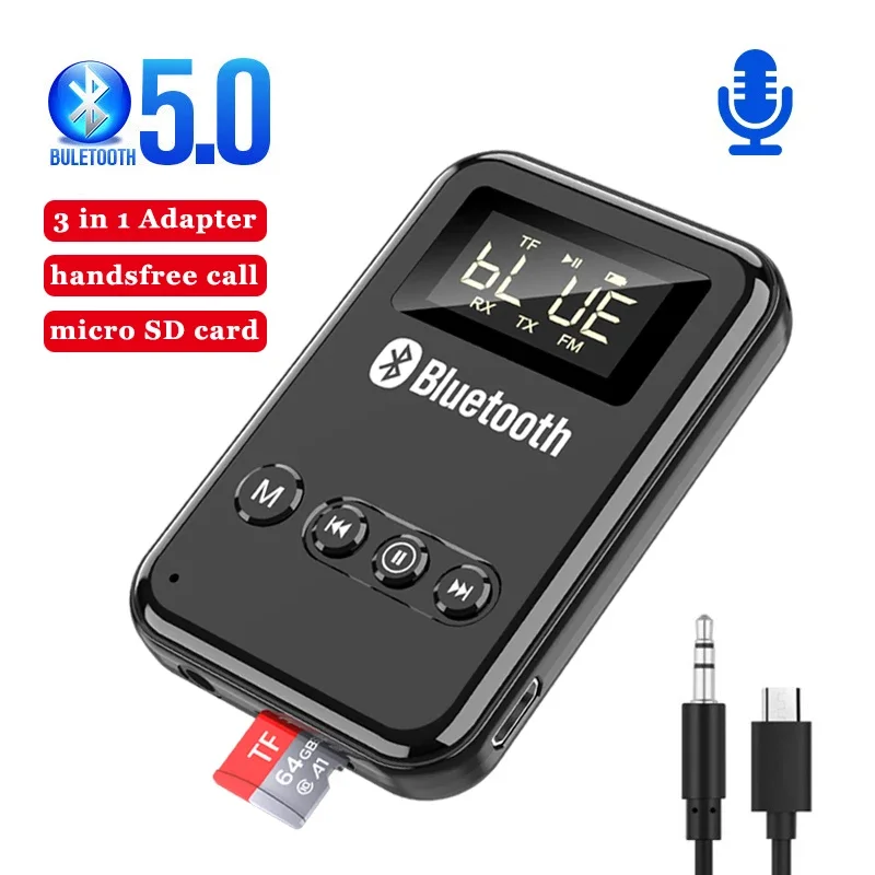 Bluetooth Receiver Transmitter Bluetooth 5.0 Wireless Adapter 3.5mm Jack AUX FM Car Kit Handsfree Call & Mic For PC TV Speaker