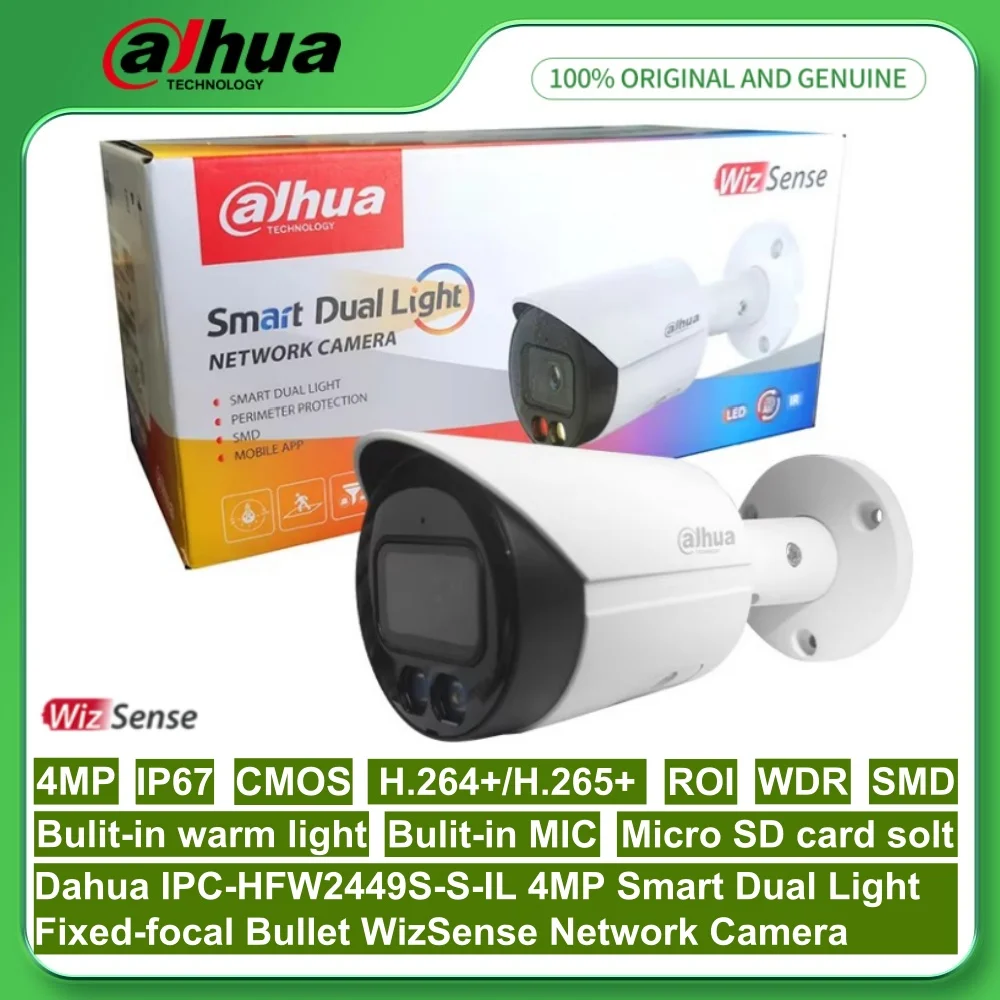 

Dahua IPC-HFW2449S-S-IL 4MP Smart Dual Light Fixed-focal Bullet WizSense Network PoE Camera H.265+ SD Card Solt Built in MIC