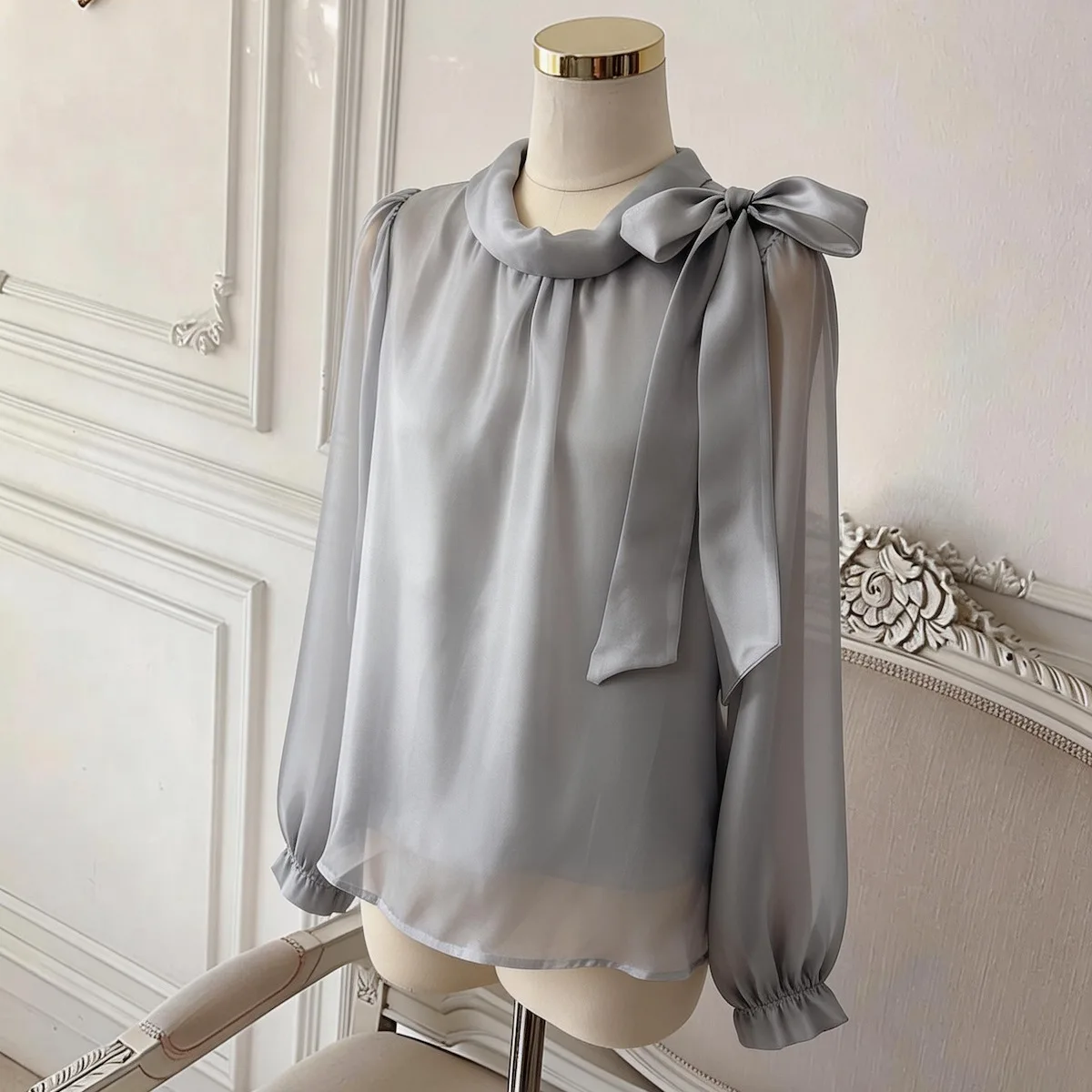 

Summer New Style Women's Long Sleeve Polka Dot Net Version Shirt Knot Belt Wave Dot Pure Color Fashionable Fairy At...