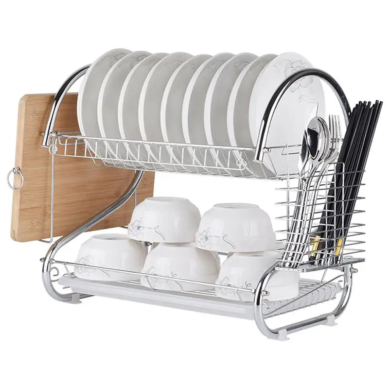 Practical Organization Stainless Drain Dish Layer Rack Storage Steel Shelf Dish Dishes Drying Rack Double Kitchen Stand Plates