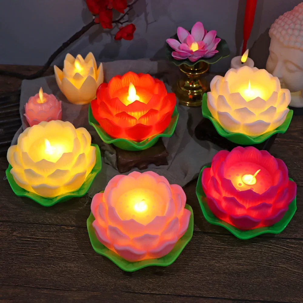 Flickering Flame LED Lotus Flowers Lamp Battery Operated Creative Simulation Lotus Night Light for Buddha Home Romantic Decor