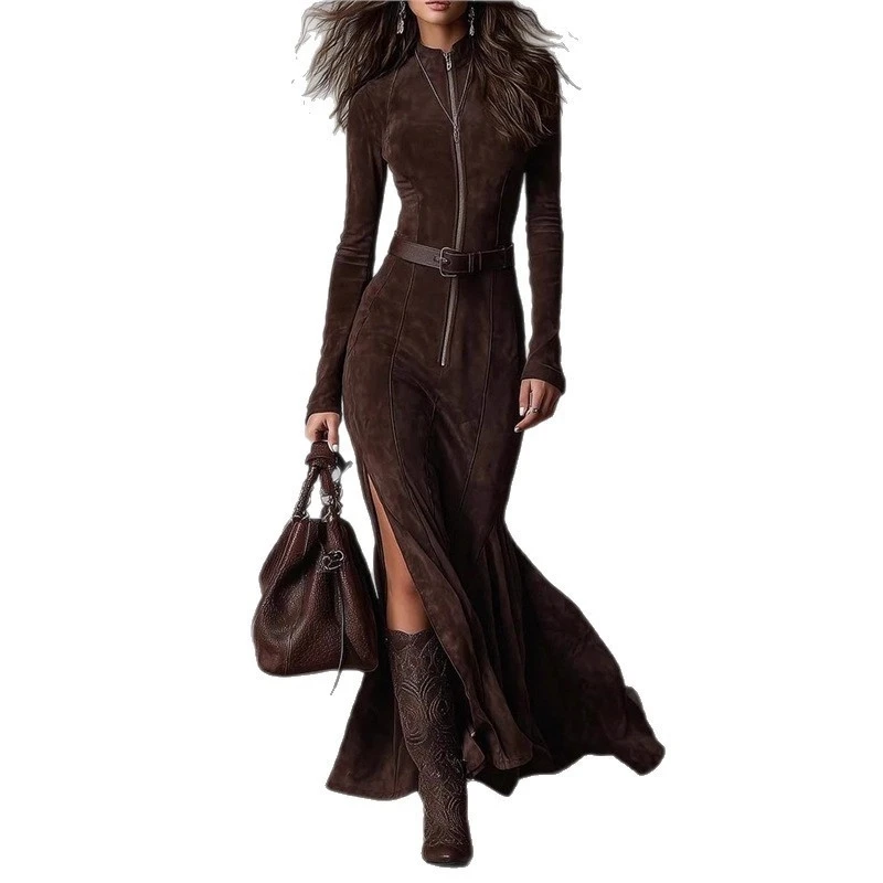 Women Elegant Lace-Up Belted Long Sleeve Slim Fit Solid Maxi Dress O-Neck Split Zipper, Casual Party Outfit For Wedding Guest