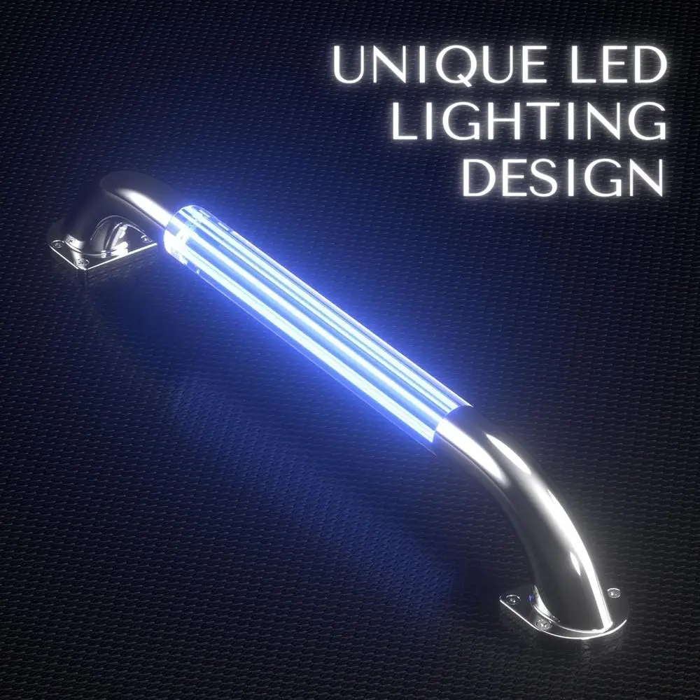 مقبض باب RV LED أزرق، مقبض باب RV للتخييم مقاس 18 بوصة، بديل درابزين مصقول للمرآة لليخوت البحرية