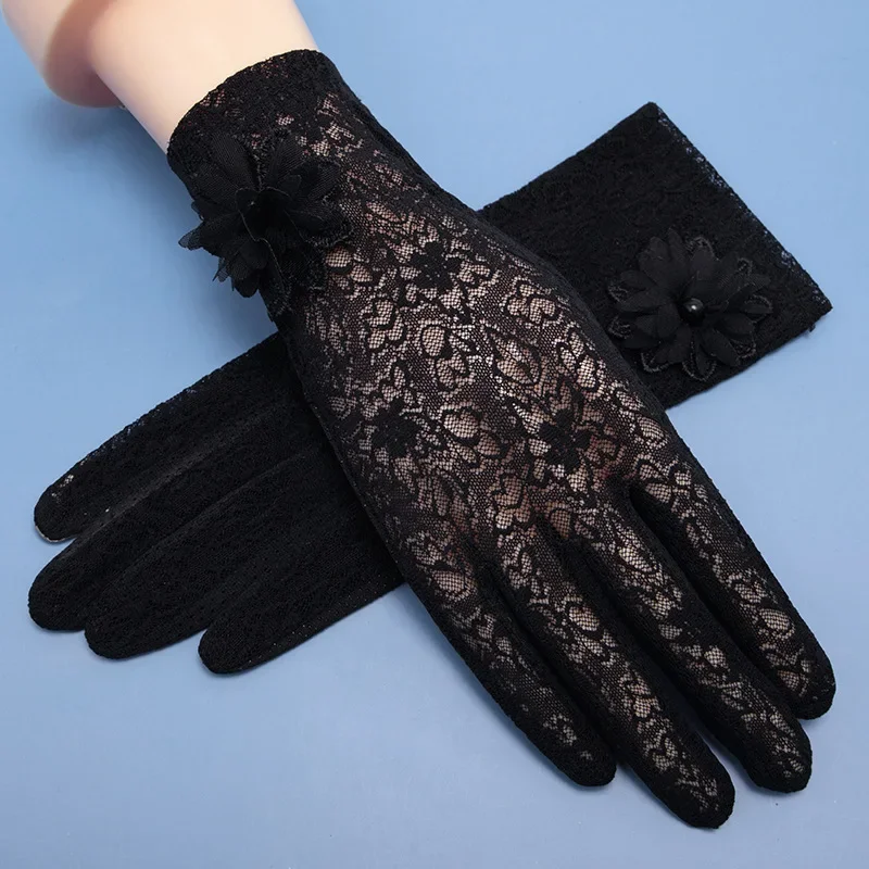 Women\'s Summer UV Resistant Ice Thin Driving and Cycling Touch Screen Anti Slip Short Sunscreen Lace Gloves