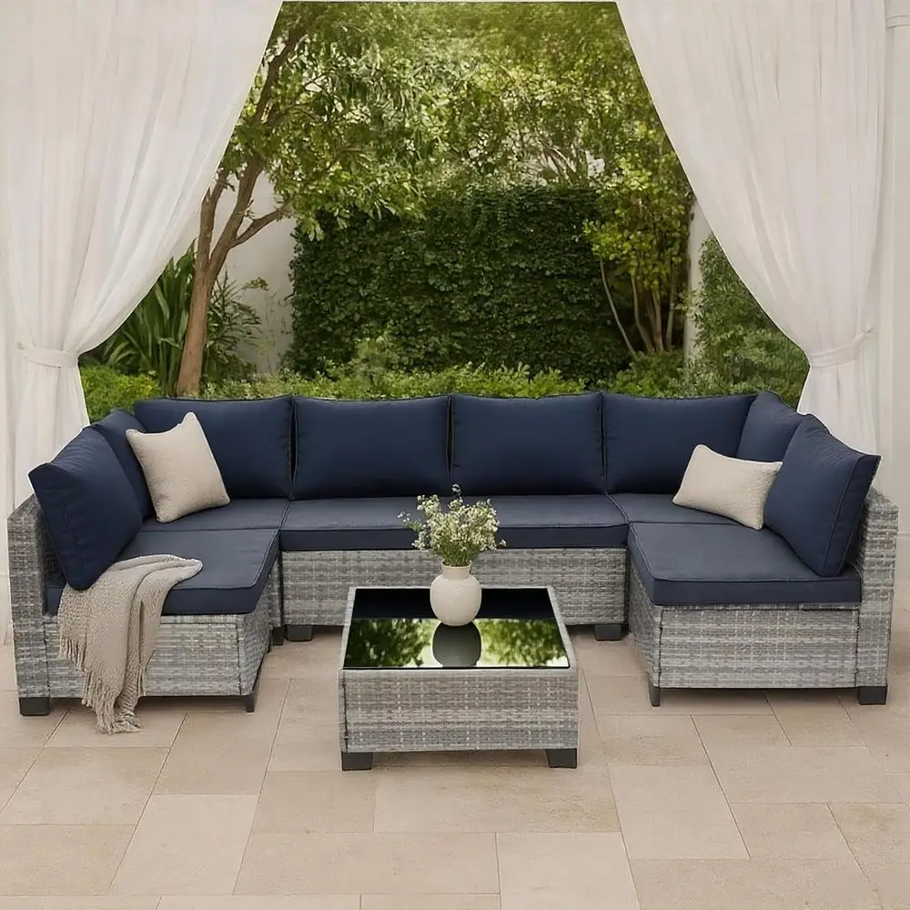 

7-Piece Wicker Patio Sectional Set, Durable Rattan Sofa, Waterproof for Home, Outdoor Spaces, Sapphire Cushions | with Coffee Ta