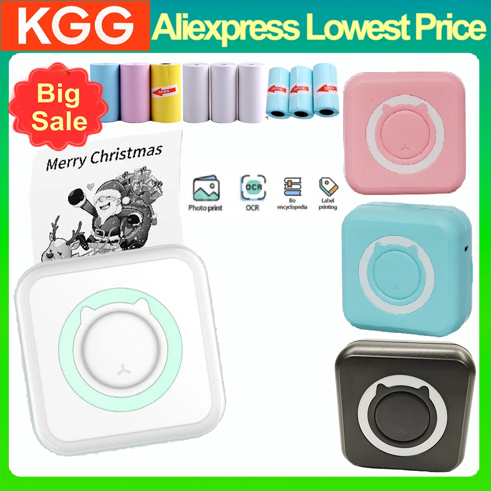 KGG Mini Portable Thermal Printer Paper Photo Pocket Thermal Printer Printing Wireless BT Connect Printers 200dpi Photo Lable