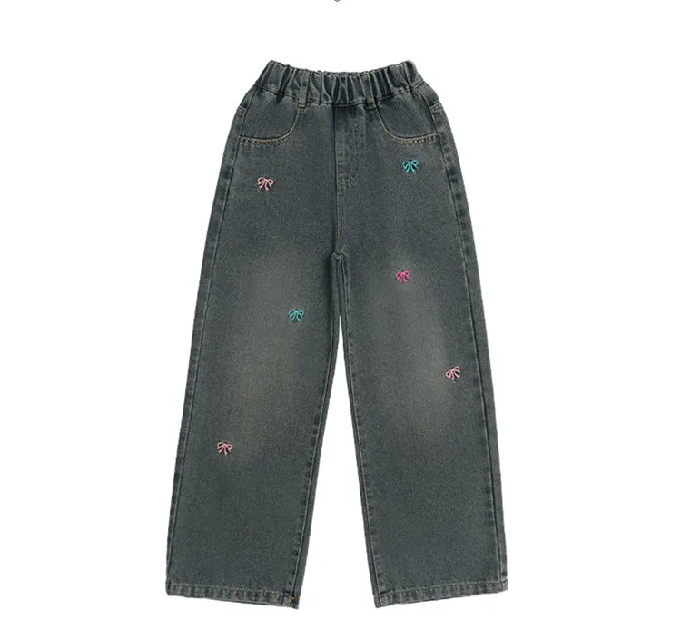 Heißer Verkauf: Modische Jeans mit Schleifenstickerei für Mädchen im Teenageralter, lässige gerade Jeanshose für Teenager, modische Jeanshose für Kinder – Detail 9
