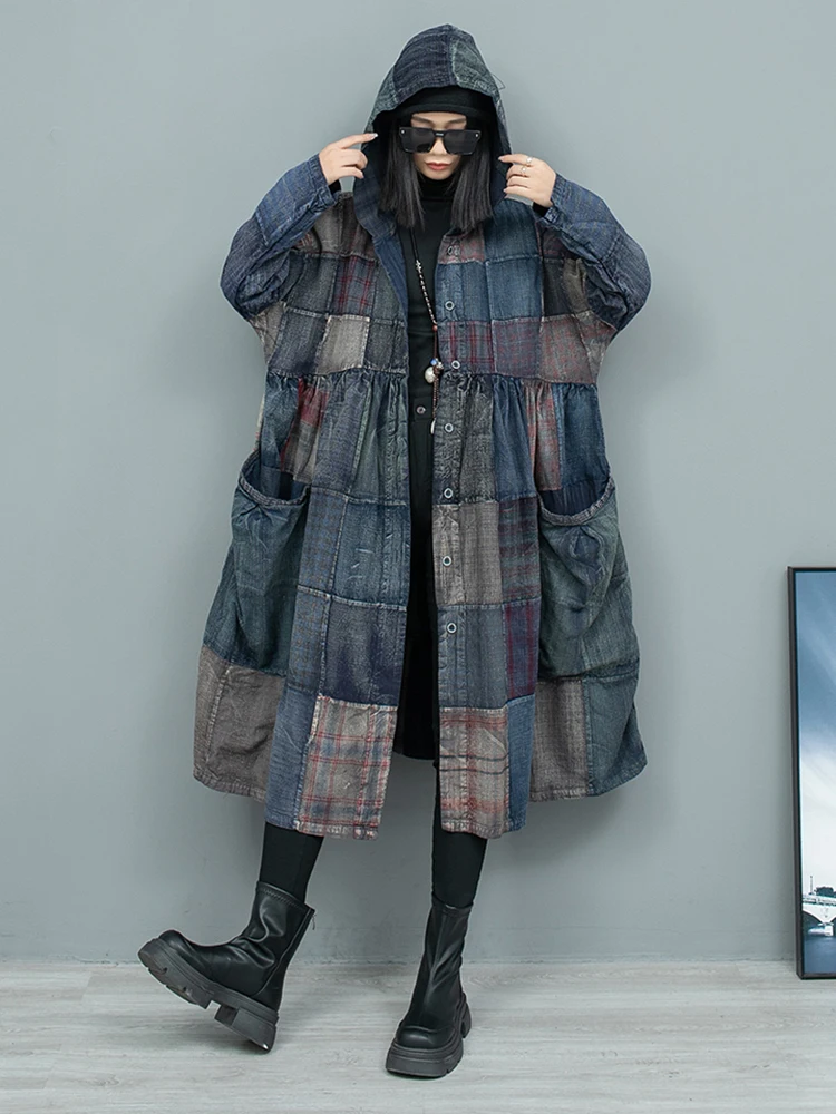 [EAM] Women Blue Denim Patchwork Big Size Long Trench New Hooded Long Sleeve Windbreaker Fashion Tide Spring Autumn 2024 1DH8105