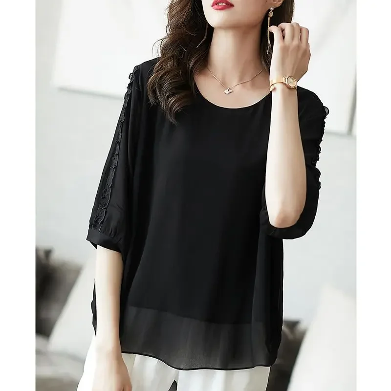 Summer Chiffon Plus Size Irregular Blouses O Neck Short Sleeve Solid Loose Shirt Tops Simplicity Fashion Casual Women Clothes