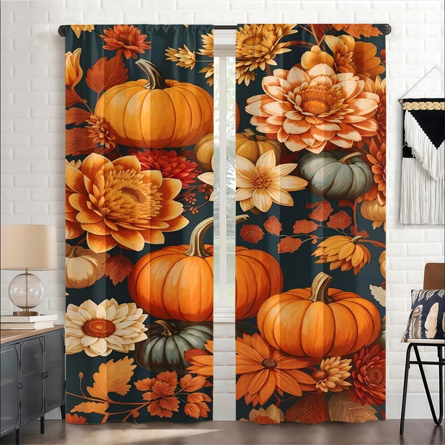 2PCS Digital Print Curtain, Pumpkins with Flowers Leaves, Vintage Autumn Floral Botanical Style for Living Room Bedroom Decor