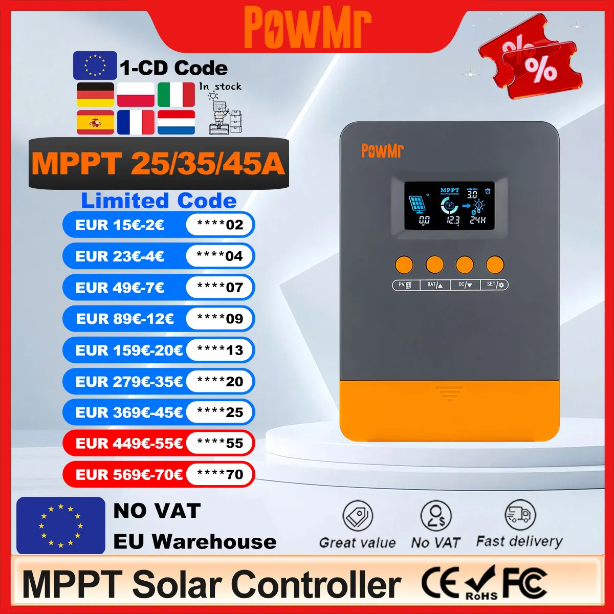 PowMr EU MPPT 45A 35A 25A  Solar Charge Controller 12V 24V Auto 100V Panel Intelligent Regulator Lead-acid/Lithium Battery Bank