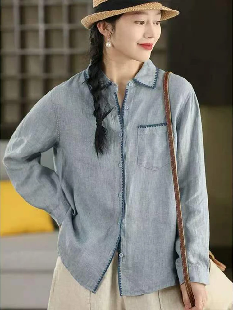 

Новая женская рубашка из 100% льна с длинным рукавом, весна 2026, простой стиль, отложной воротник, однотонная, повседневная, M2423