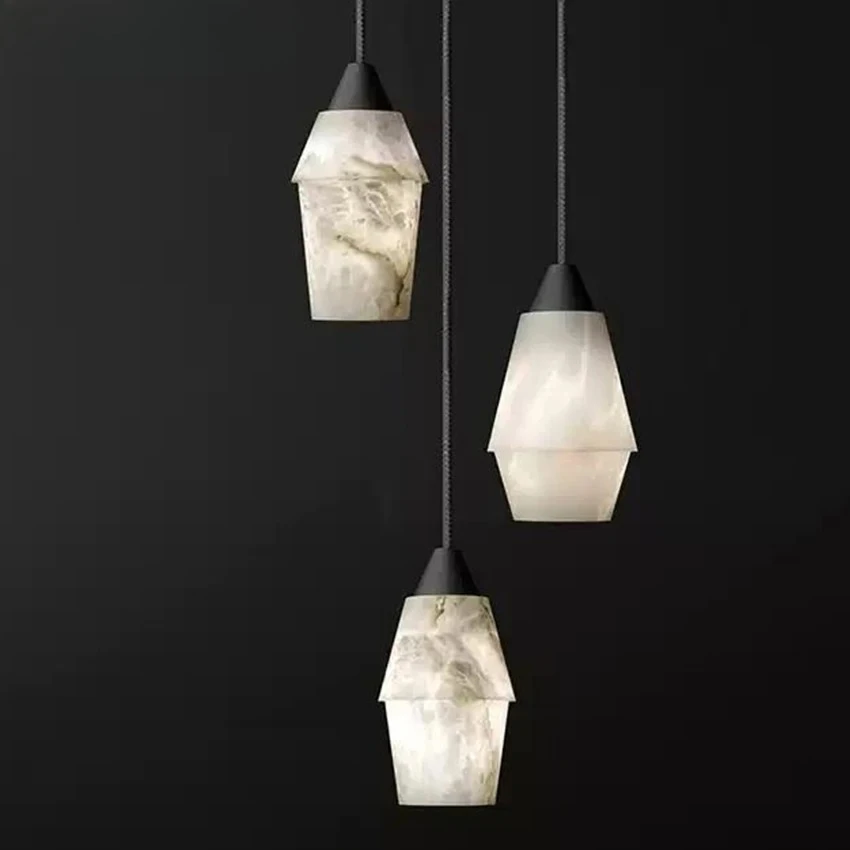 Luxury Natural Marble Pendant Light Modern Black Copper Natural Stone Hanging Lamp for Dining Bar Kitchen Bedside Lighting