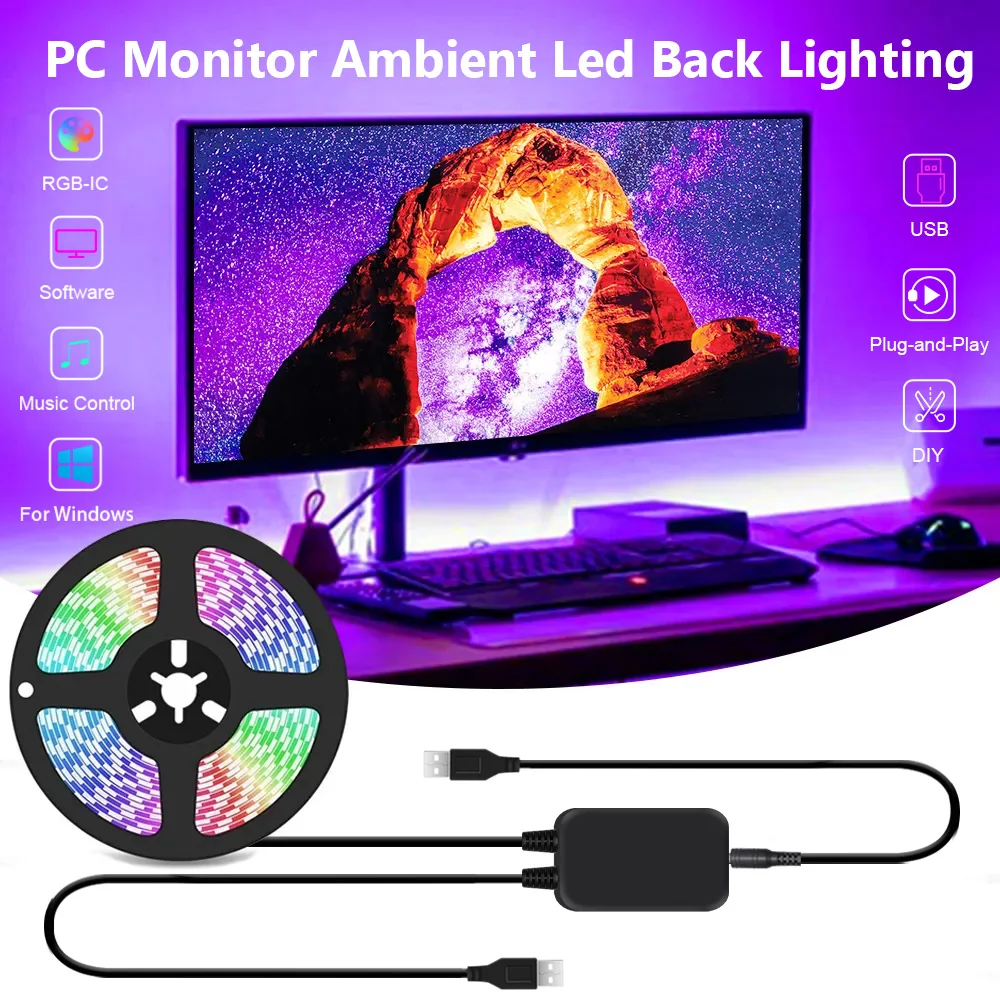 Dynamiczny ekran podświetlenia monitora taśma LED USB WS2812B 5050 taśma RGB PC gamingowe oświetlenie tła LED dla komputera z systemem Windows